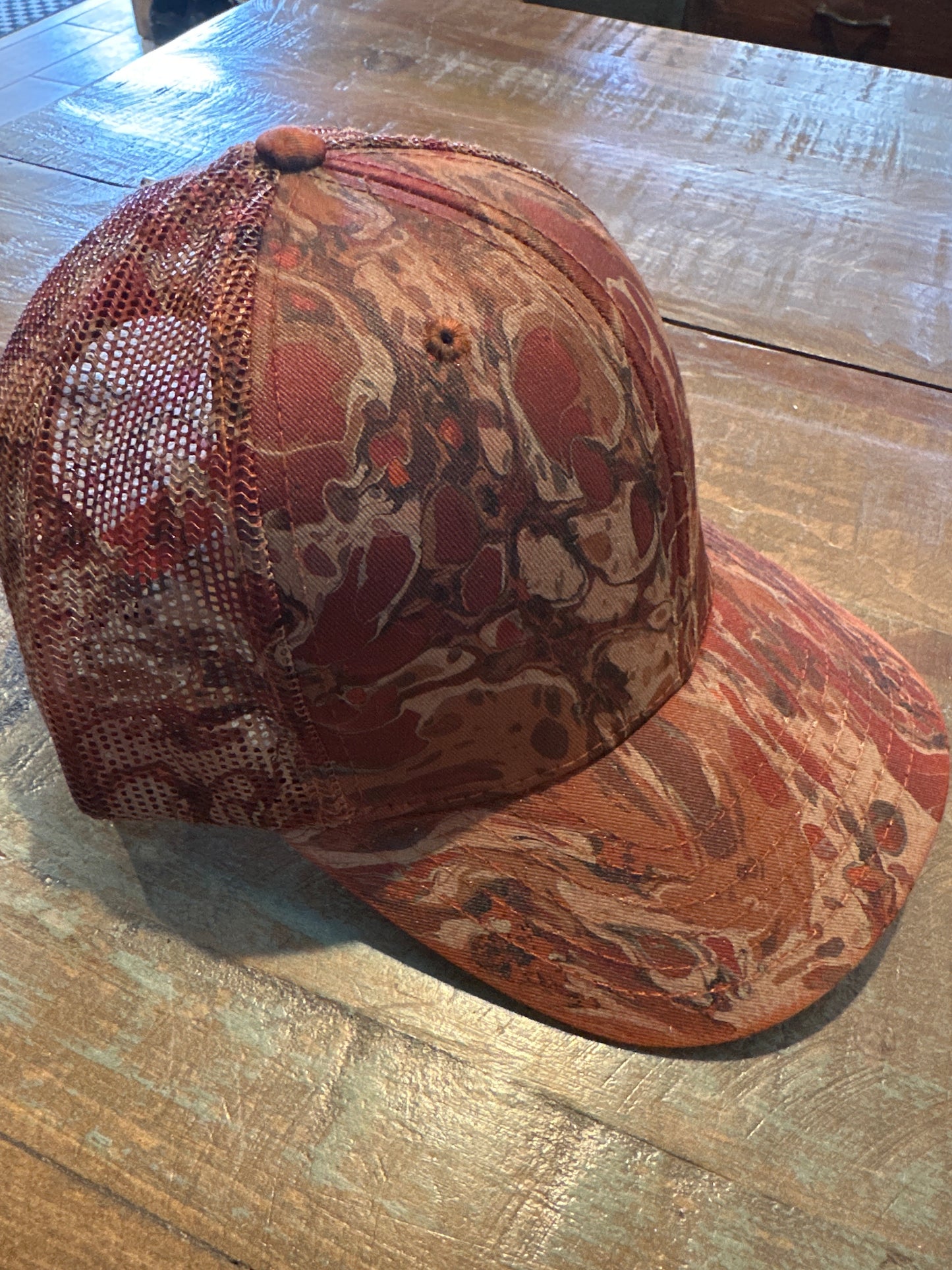 Water Marbled Truckers Hat! Shades of Brown & Rust!
