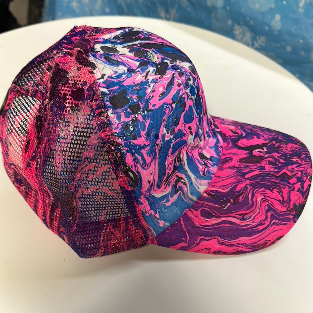Water Marbled Truckers Hat! Pink, Blue & Black