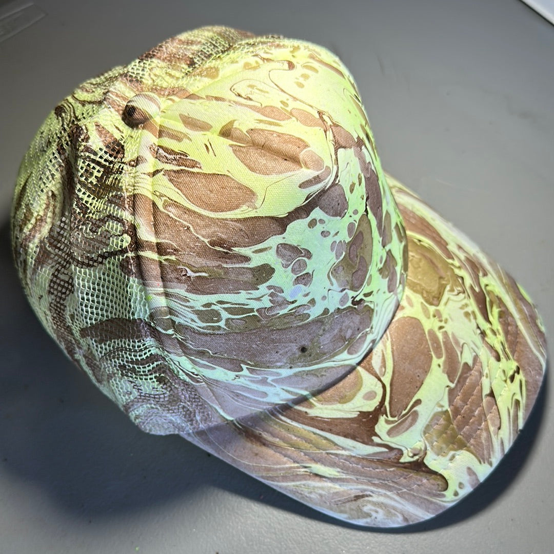 Water Marbled Truckers Hat! Tan, Olive & Lime