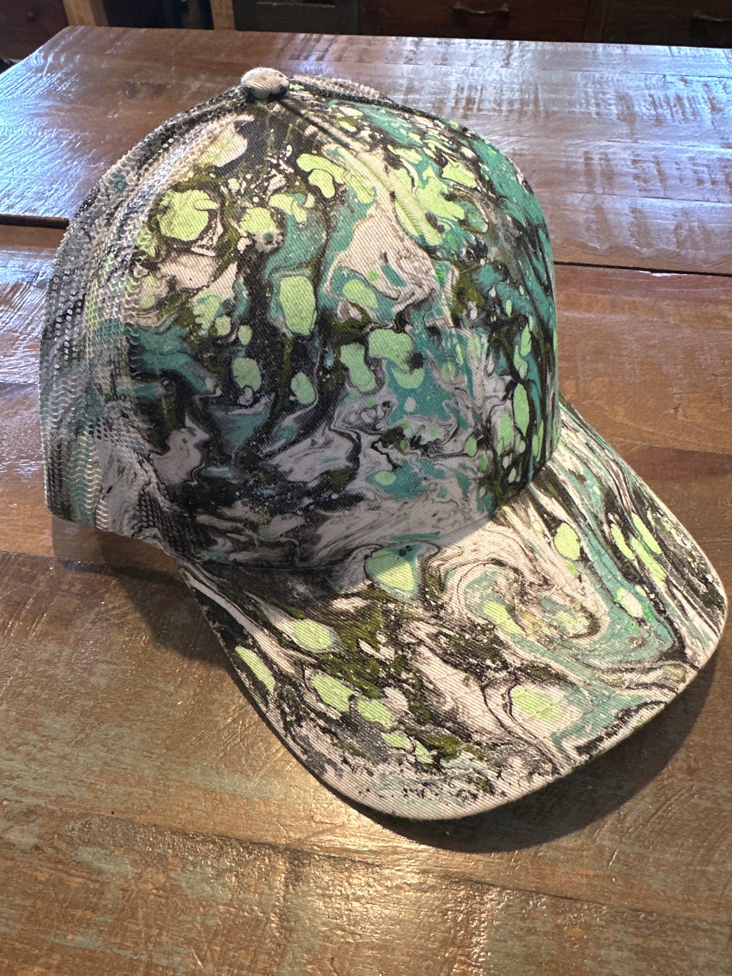 Water Marbled Truckers Hat! Light Green, Aqua, Black & Olive