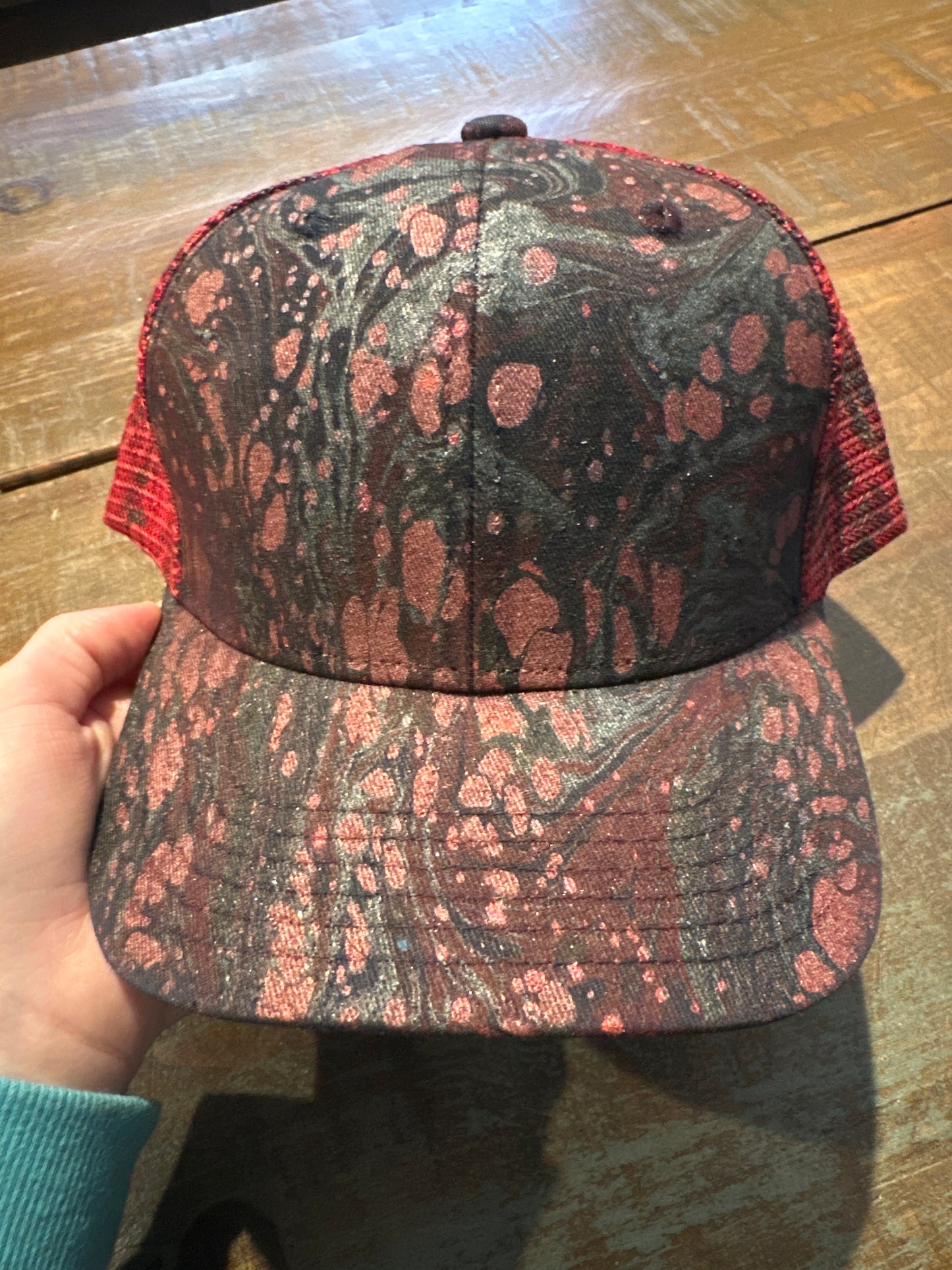 Water Marbled Truckers Hat! Red, Black & Charcoal!
