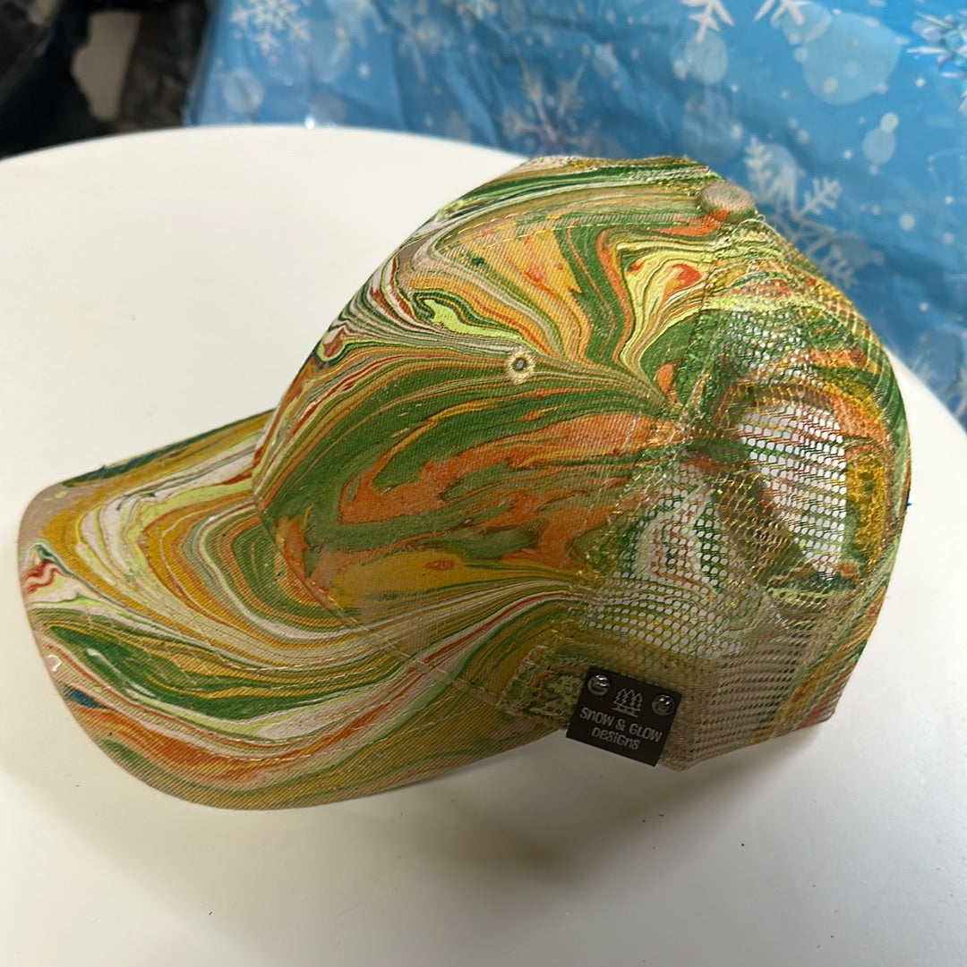 Water Marbled Baseball Hat! Browns, Greens and Orange