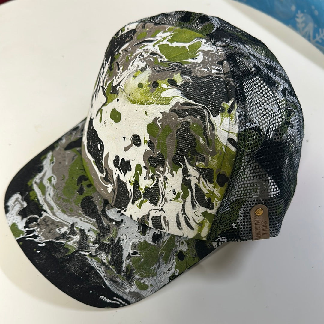 Water Marbled Truckers Hat! Olive, White & Black