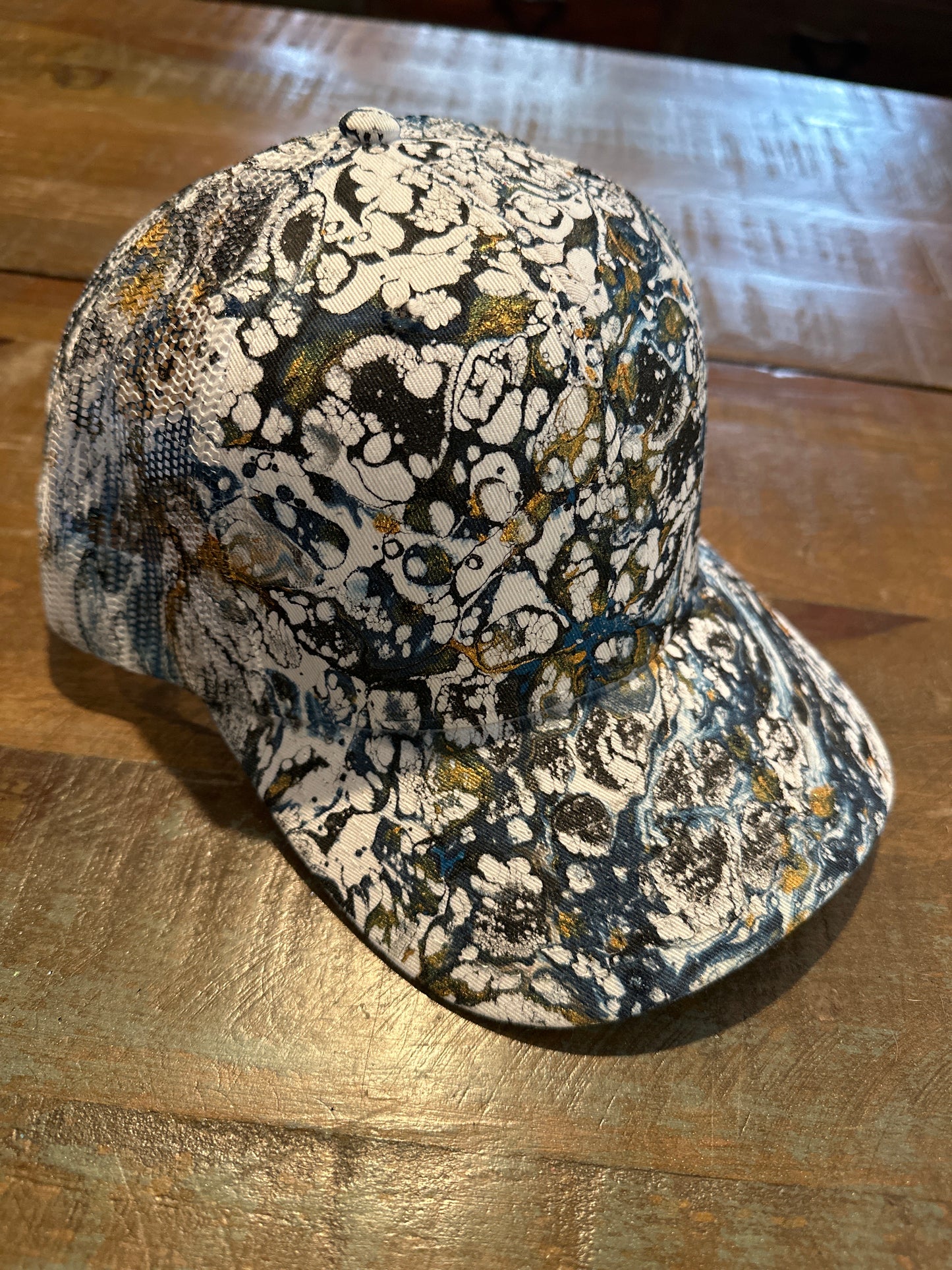 Water Marbled Truckers Hat! Navy, Gold & Black!