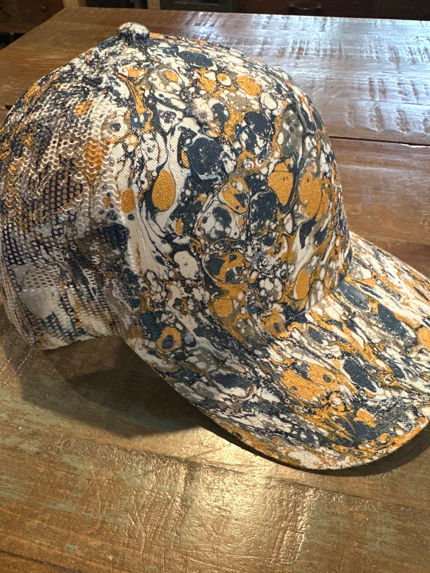 Water Marbled Truckers Hat! Navy, Gold & Silver!