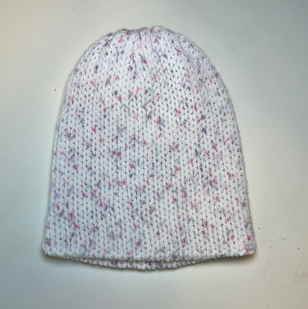 TODDLER - Handmade Beanie! White with Purple & Pink Speckles!