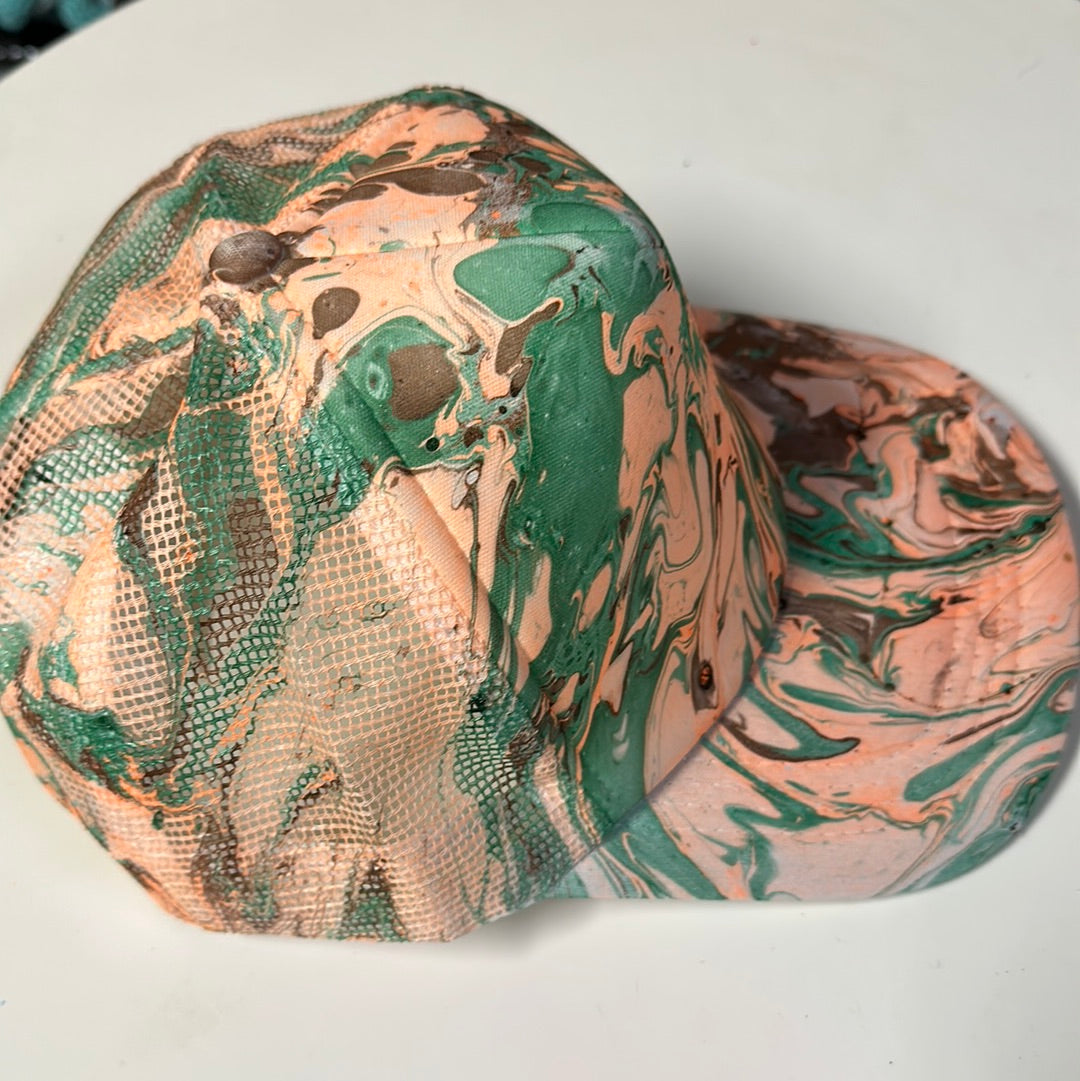Water Marbled Truckers Hat! Green, Orange & Brown