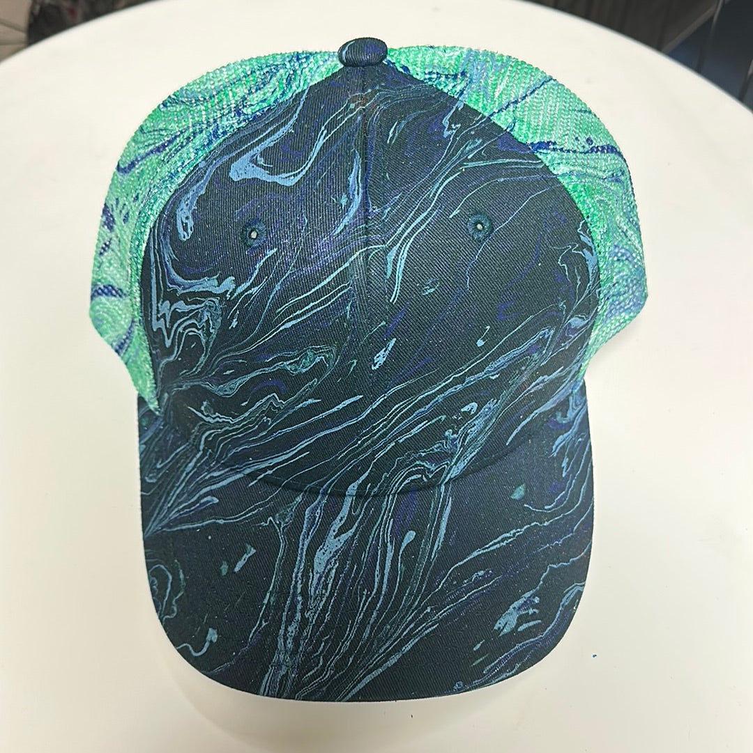 Water Marbled Truckers Hat! Navy & Teal