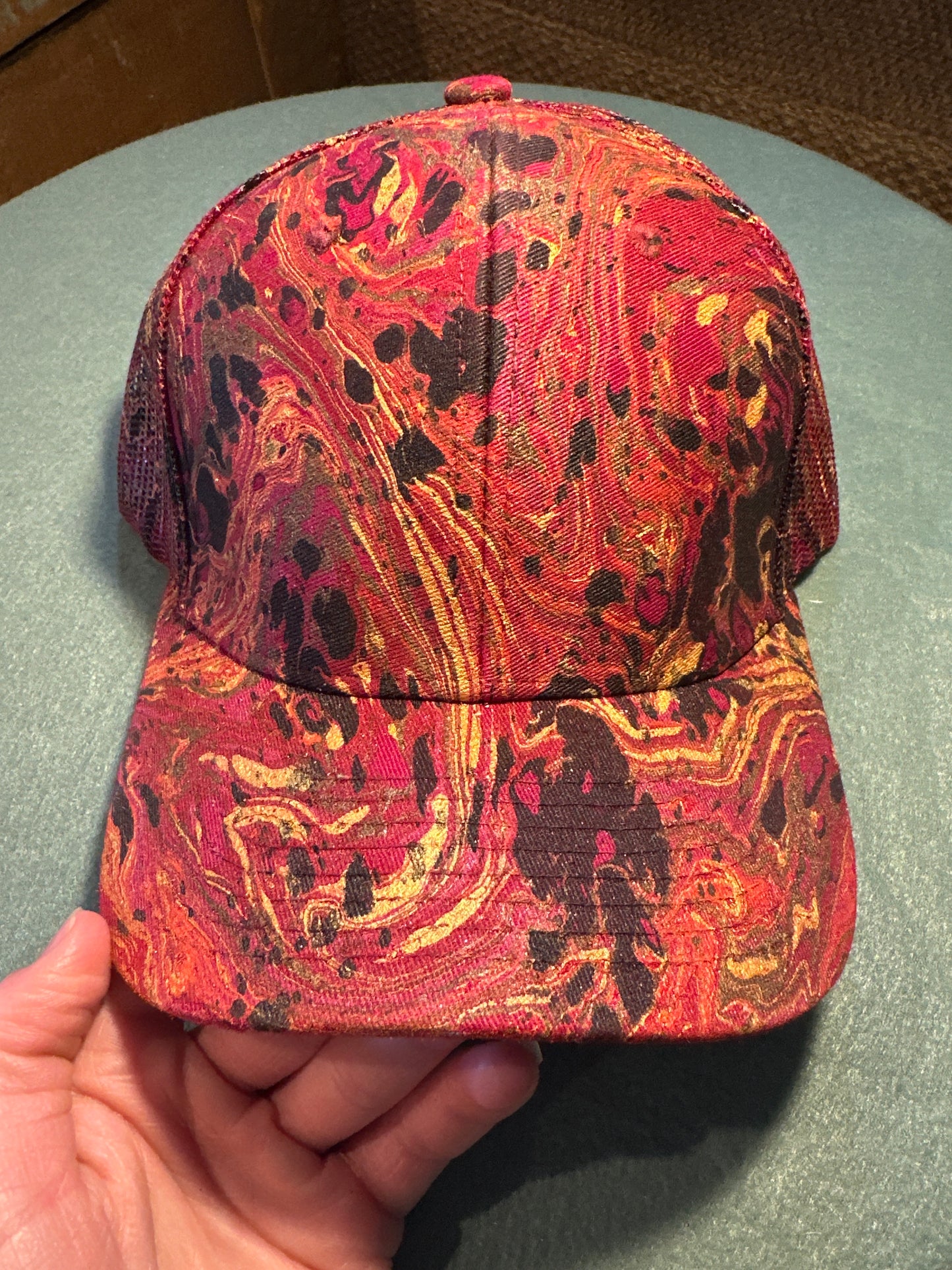 Water Marbled Baseball Hat! Red, Gold, Black & Brown!