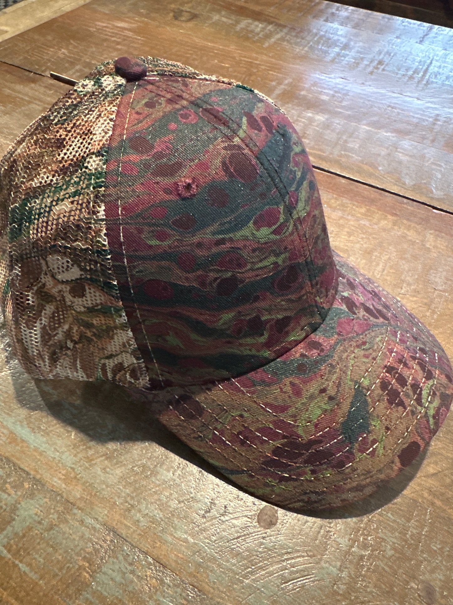 Water Marbled Truckers Hat! Camo! Dark Greens & Browns!