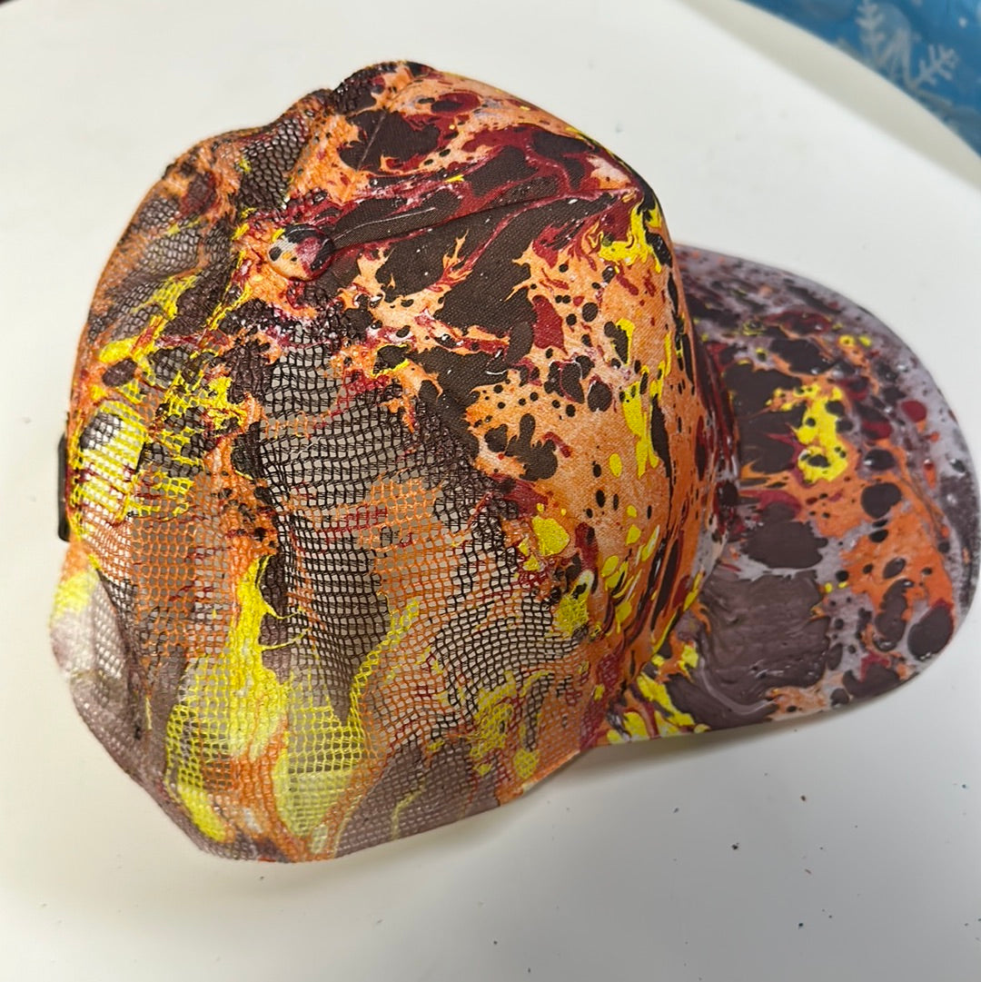 Water Marbled Truckers Hat! Brown, Yellow, Orange & Red