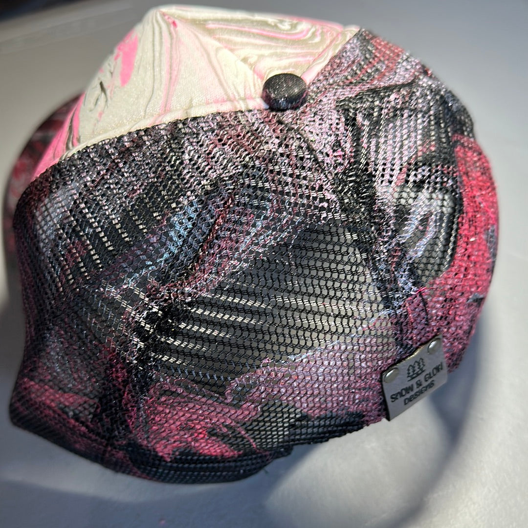 Water Marbled Truckers Hat! Hot Pink, White & Black