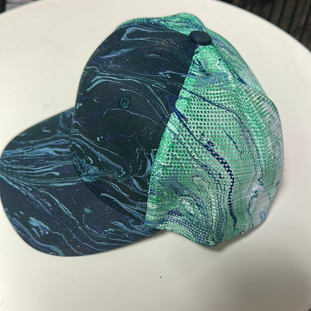 Water Marbled Truckers Hat! Navy & Teal