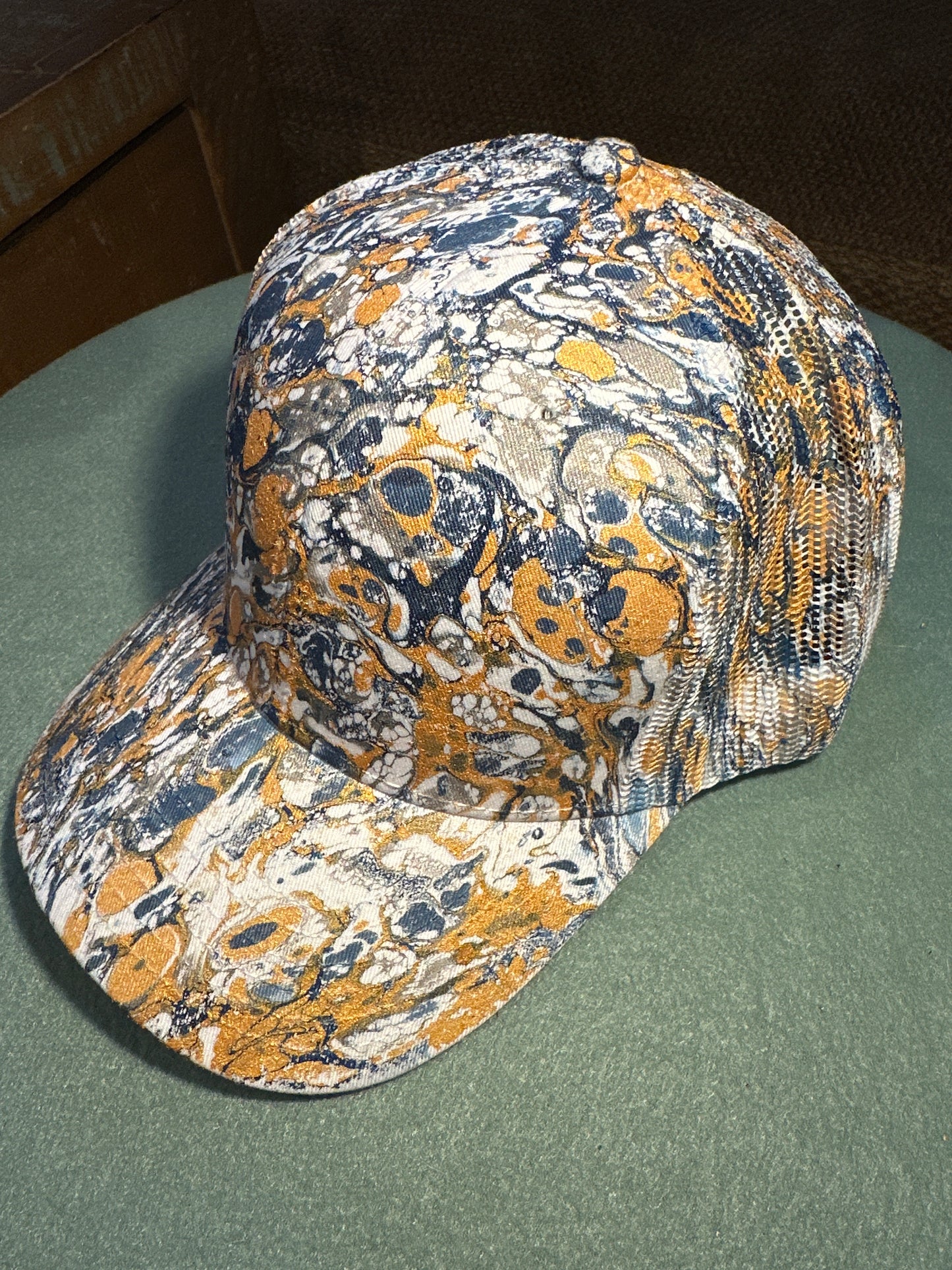 Water Marbled Truckers Hat! Navy, Gold & Silver!
