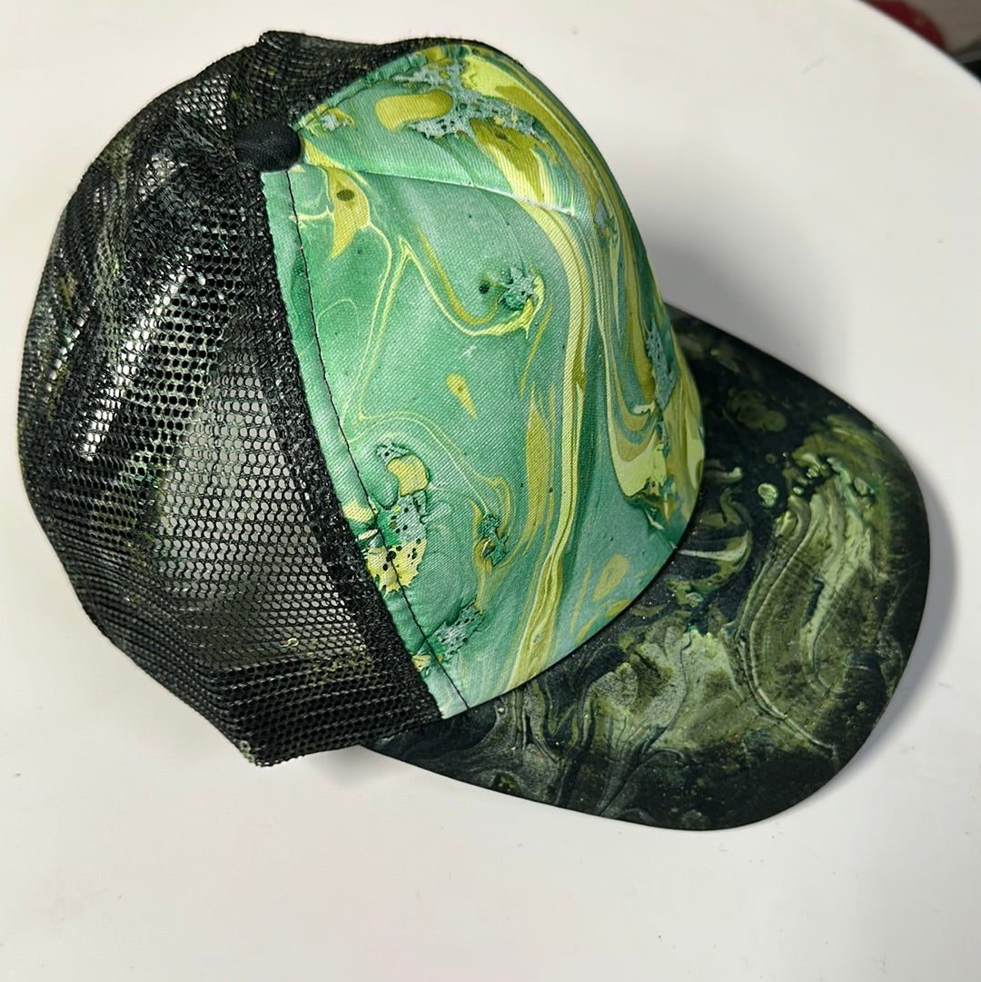 Water Marbled Truckers Hat! Black & Greens