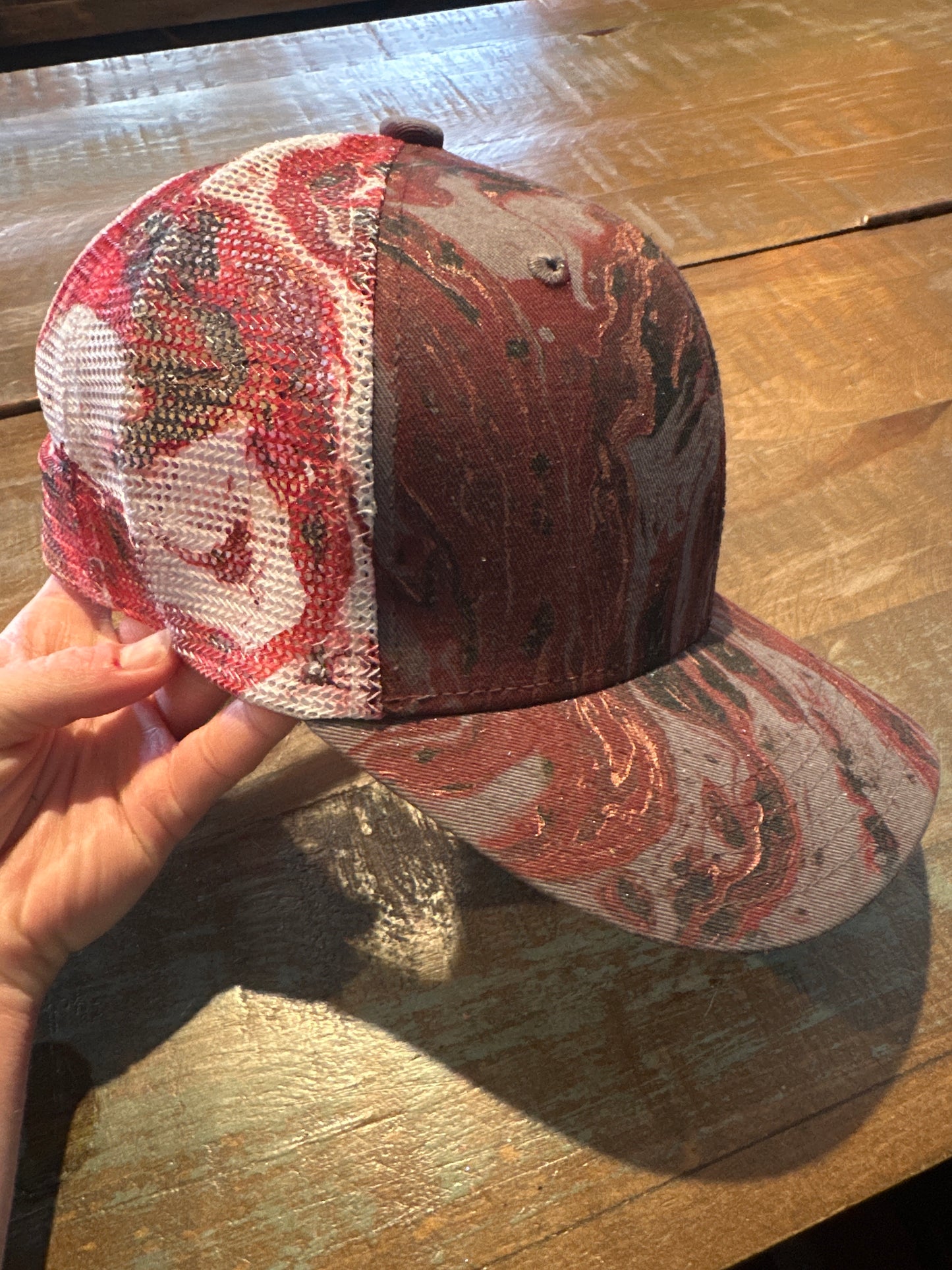 Water Marbled Truckers Hat! Red, Black & Gray