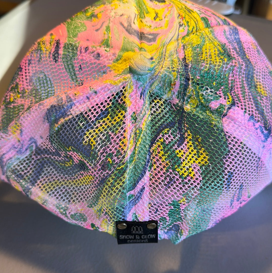 Water Marbled Truckers Hat! Pink, Navy, Green & Yellow!