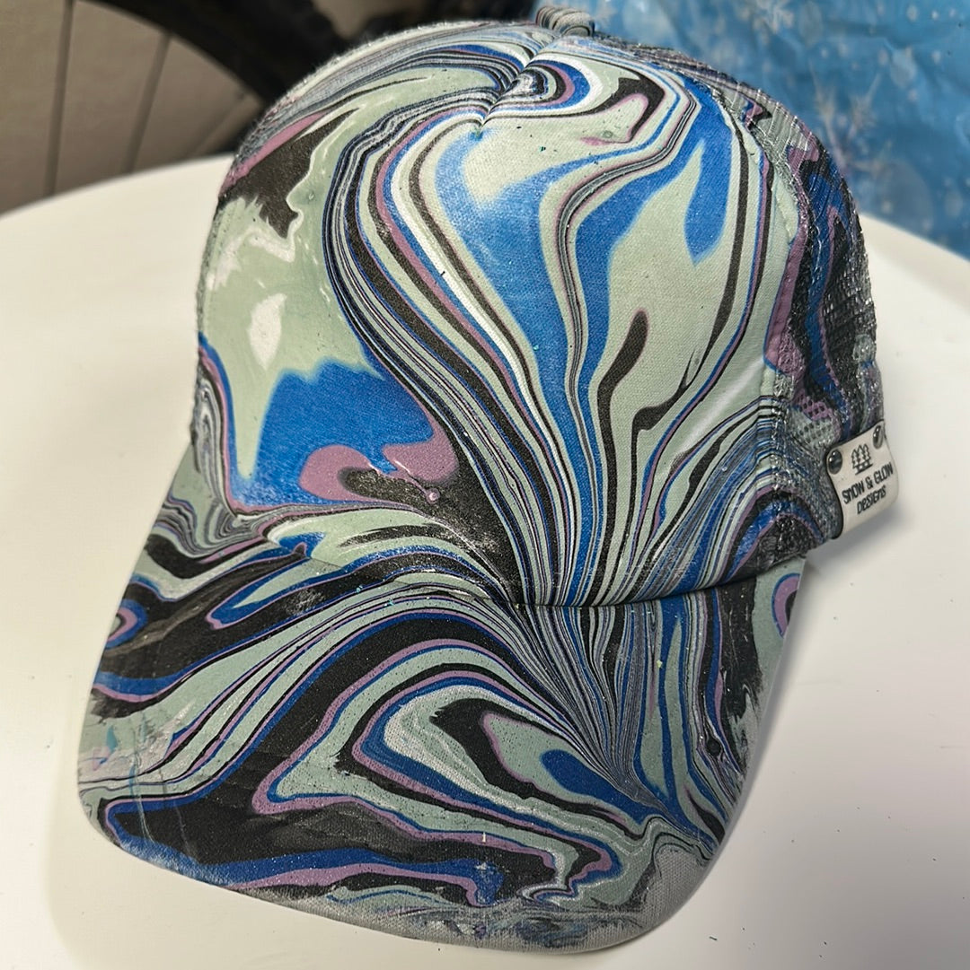 Water Marbled Truckers Hat! Cool Tones!