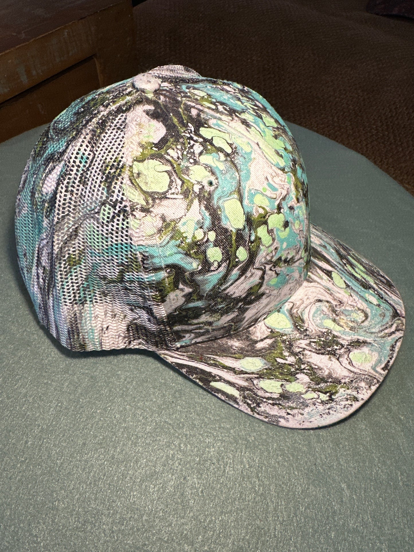Water Marbled Truckers Hat! Light Green, Aqua, Black & Olive