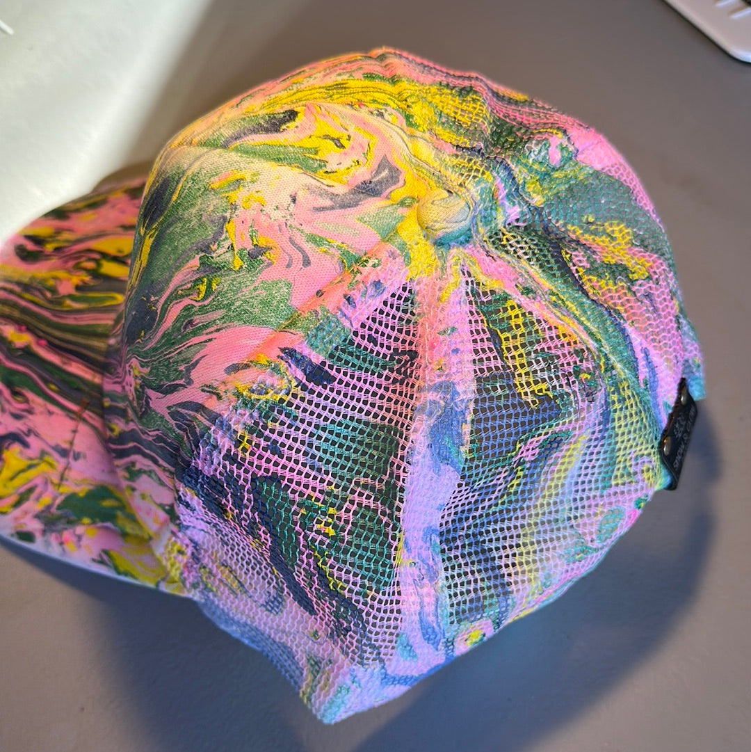 Water Marbled Truckers Hat! Pink, Navy, Green & Yellow!