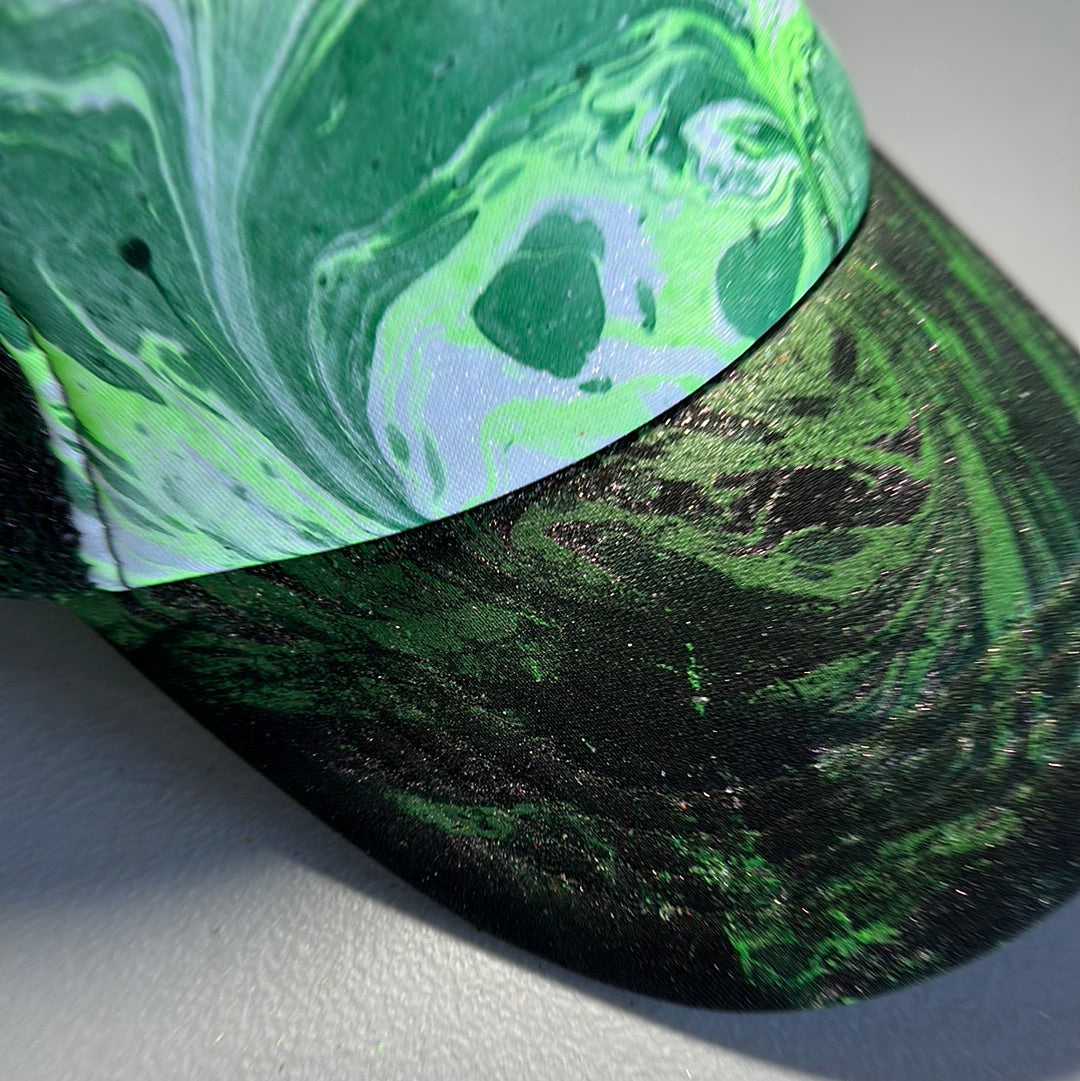 Water Marbled Truckers Hat! Greens & Iridescent Glitter!