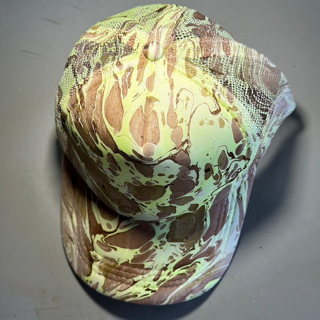 Water Marbled Truckers Hat! Tan, Olive & Lime