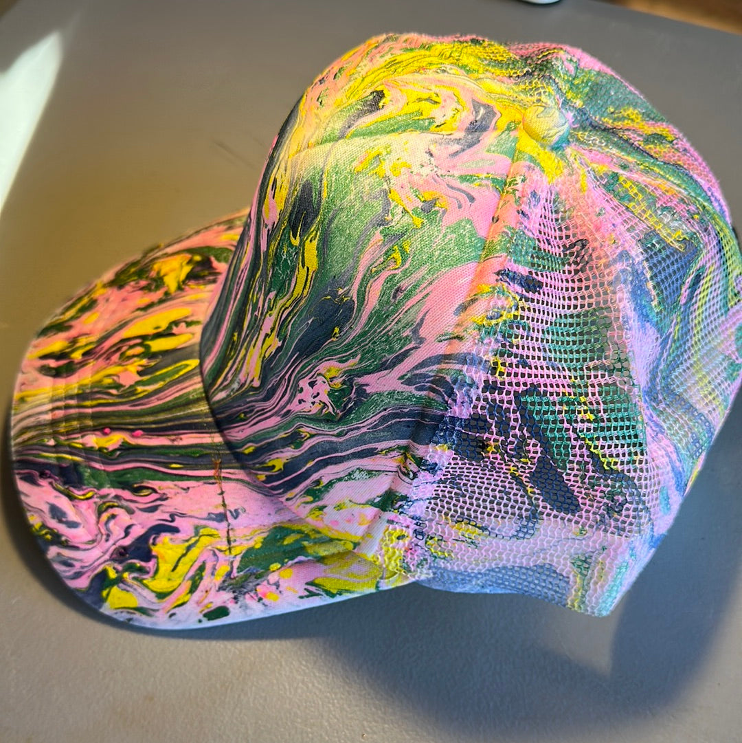 Water Marbled Truckers Hat! Pink, Navy, Green & Yellow!