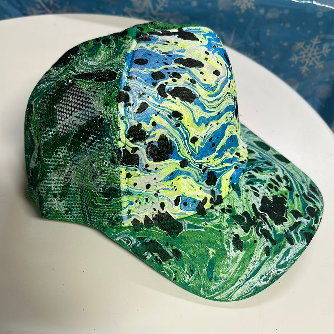 Water Marbled Truckers Hat! Greens, Blue & Black