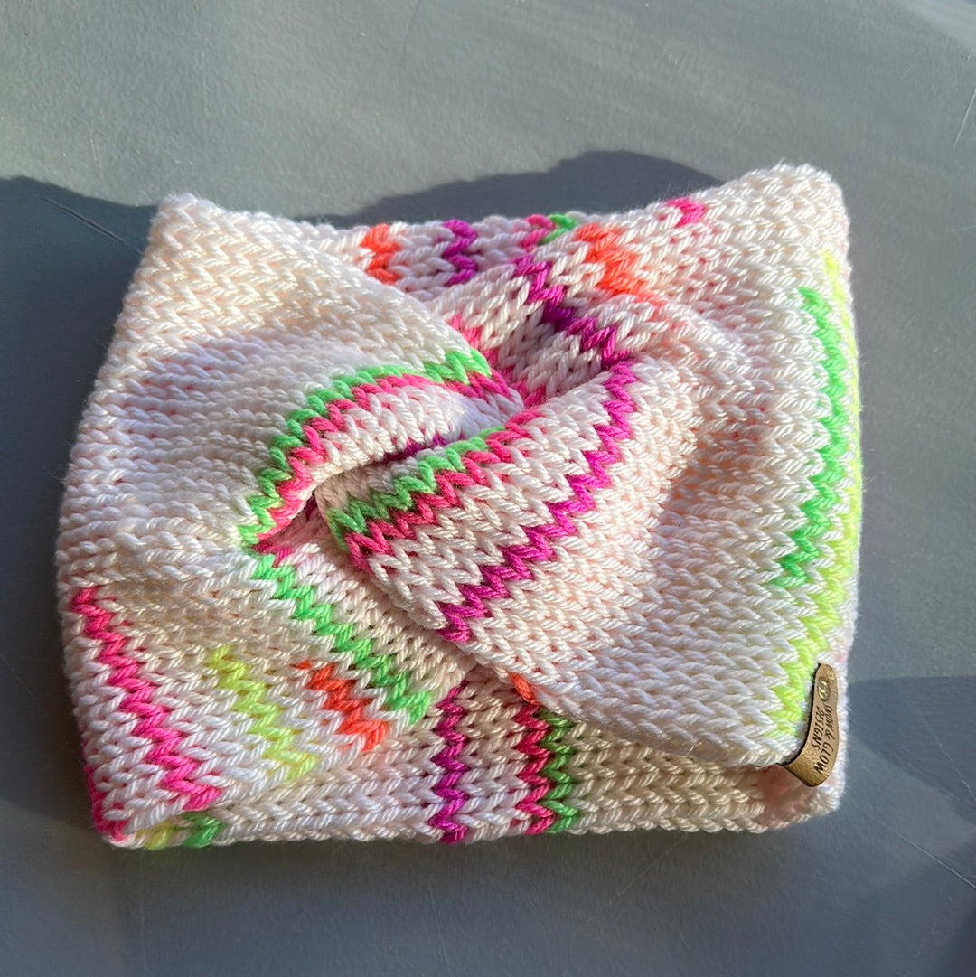 Handmade Headwarmer! White & Neon Color Pattern!