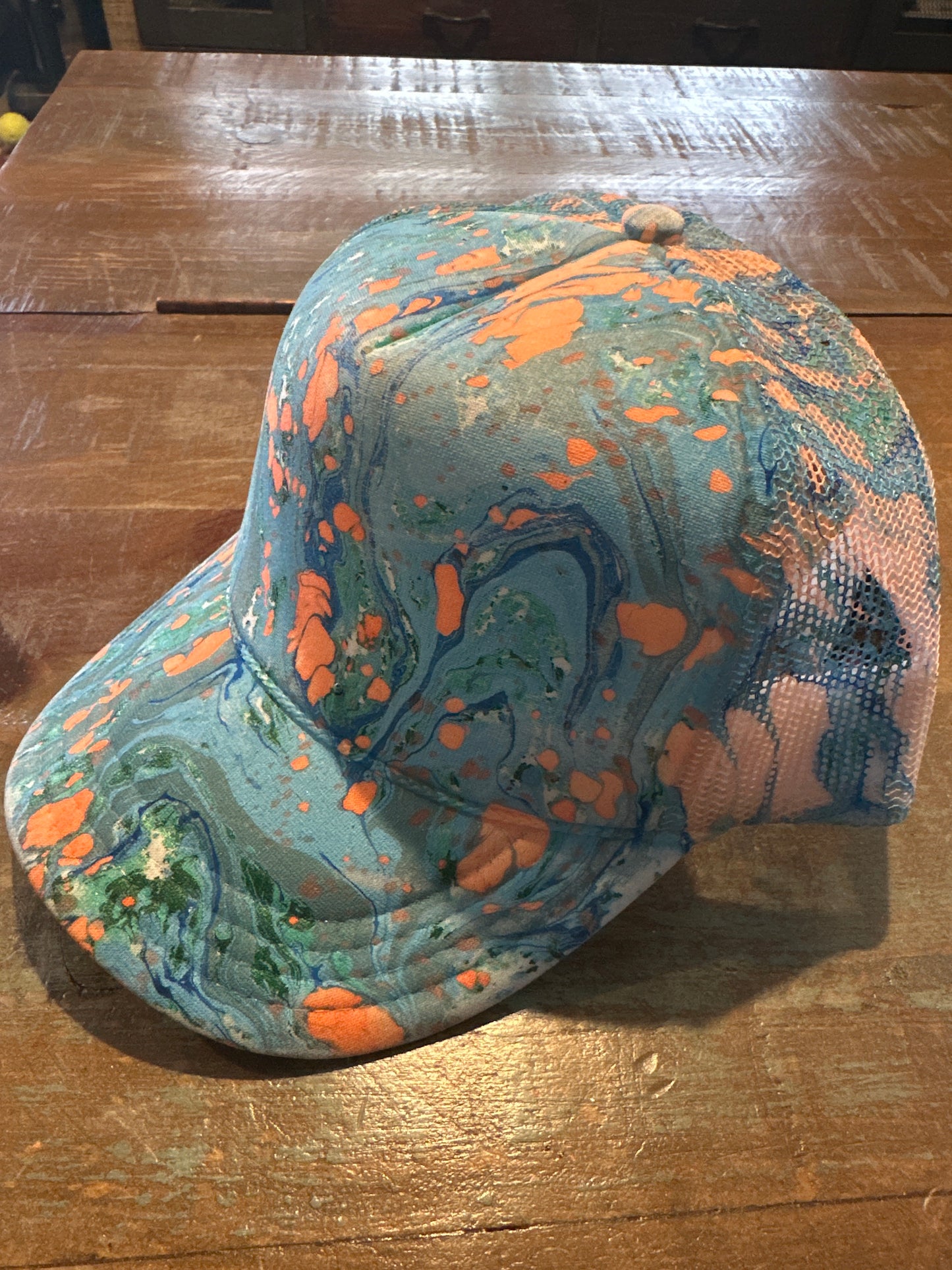 Kids Water Marbled Truckers Hat! Blues, Teal & Neon Orange!