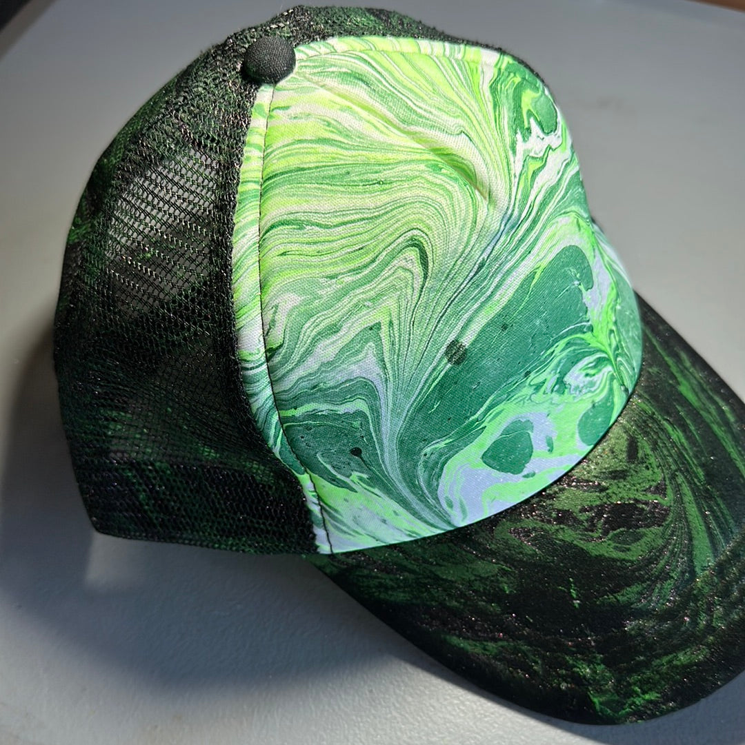 Water Marbled Truckers Hat! Greens & Iridescent Glitter!