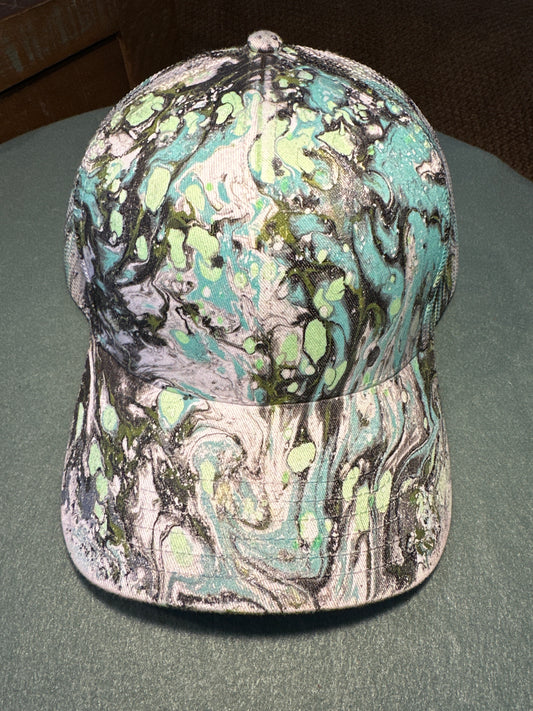 Water Marbled Truckers Hat! Light Green, Aqua, Black & Olive