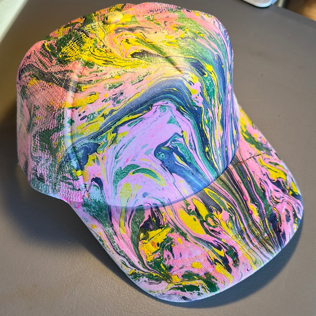 Water Marbled Truckers Hat! Pink, Navy, Green & Yellow!