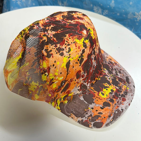 Water Marbled Truckers Hat! Brown, Yellow, Orange & Red