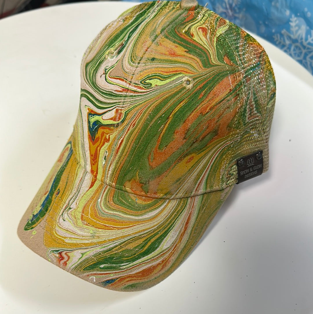 Water Marbled Baseball Hat! Browns, Greens and Orange