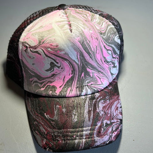 Water Marbled Truckers Hat! Pink, White & Black