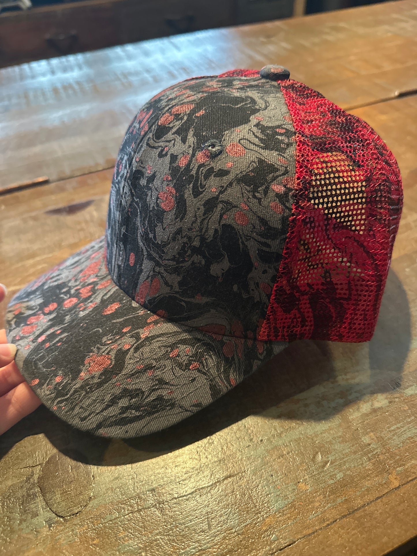 Water Marbled Truckers Hat! Metallic Red, Black & Charcoal!