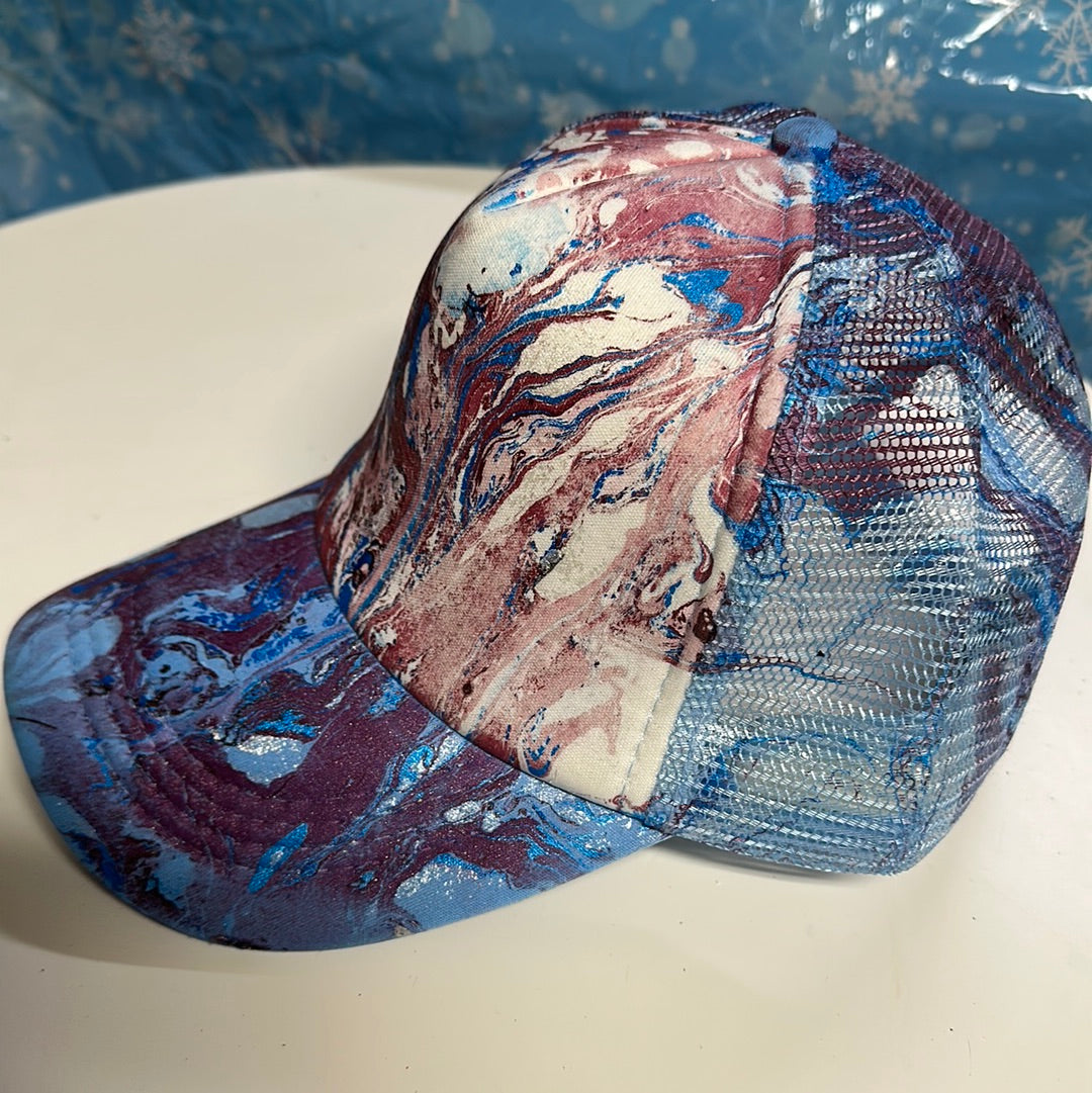 Water Marbled Truckers Hat! Blue & Maroon