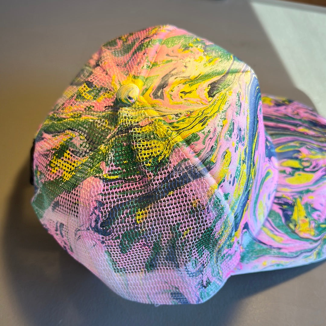 Water Marbled Truckers Hat! Pink, Navy, Green & Yellow!