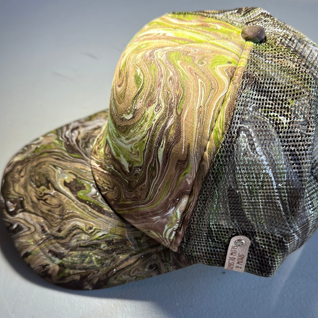 Water Marbled Truckers Hat! Browns, Greens & Black!