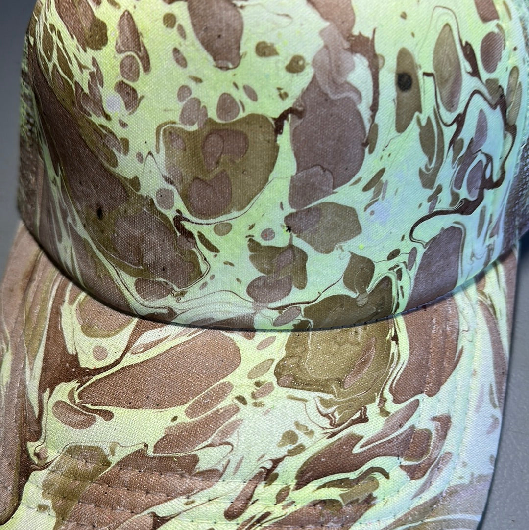 Water Marbled Truckers Hat! Tan, Olive & Lime