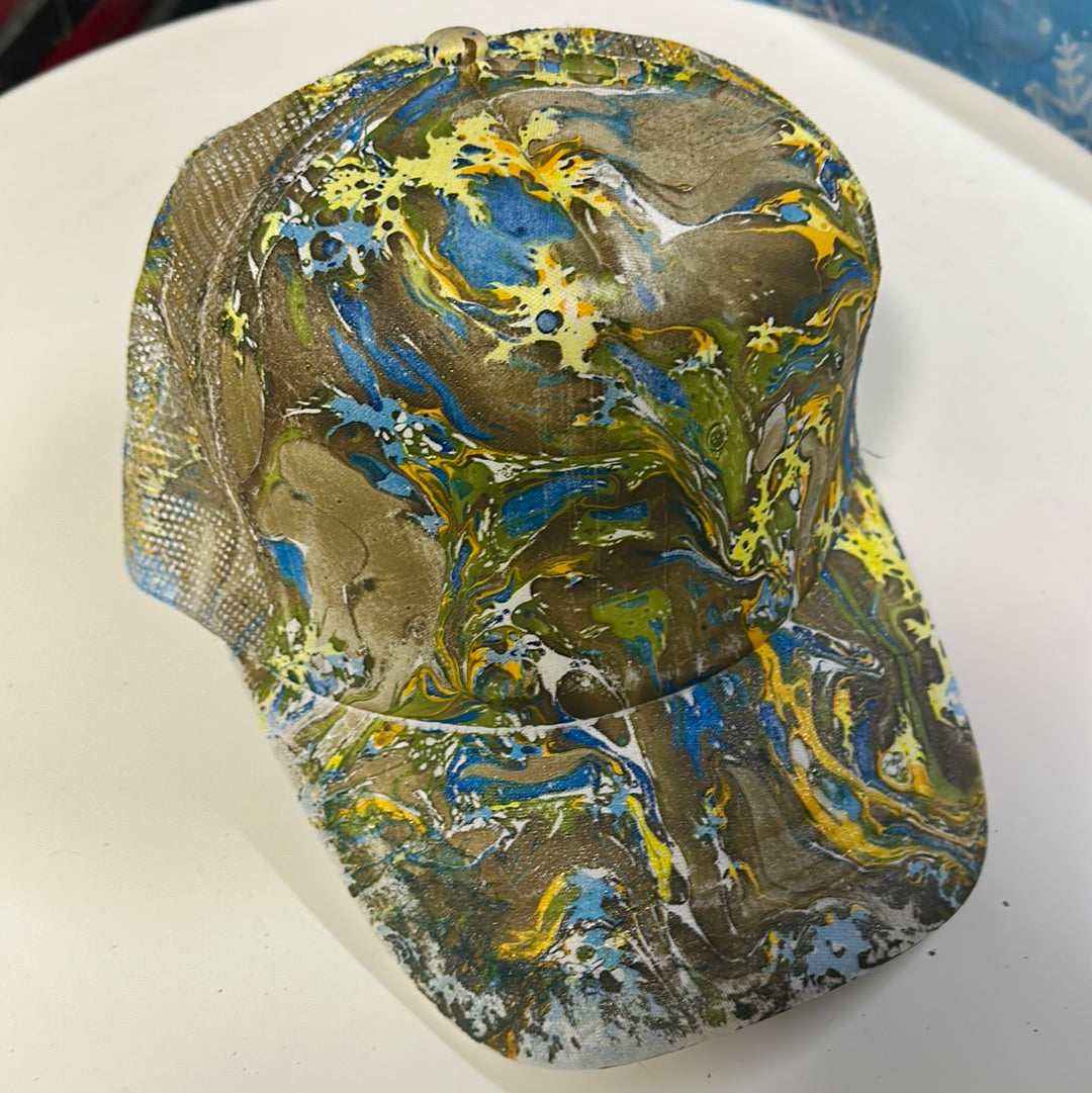 Water Marbled Truckers Hat! Brown, Yellow, Green & Blue