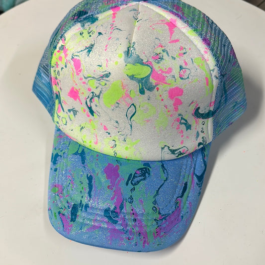 Water Marbled Truckers Hat! Blue, Neon Green, Pink & Iridescent White