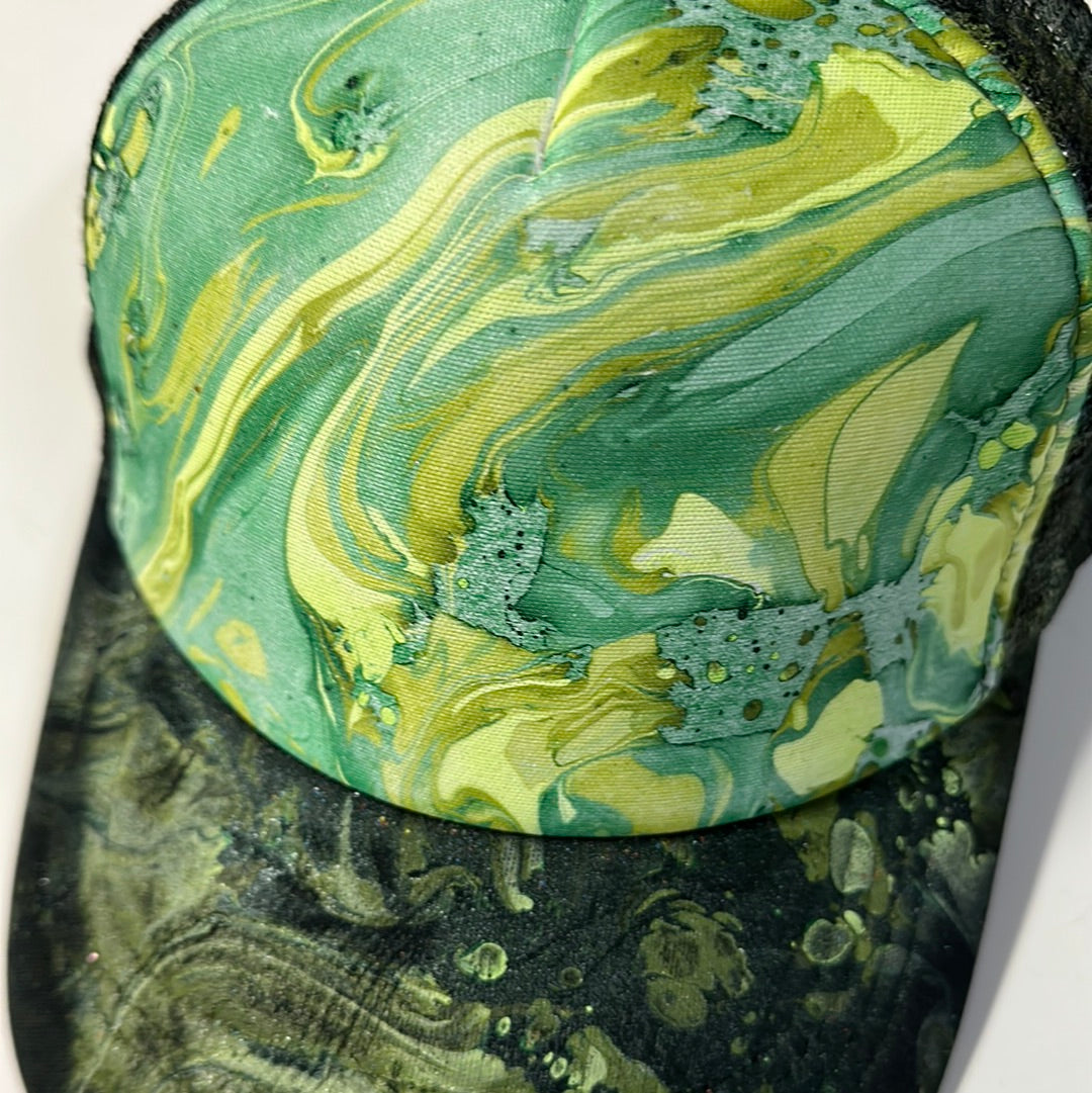 Water Marbled Truckers Hat! Black & Greens