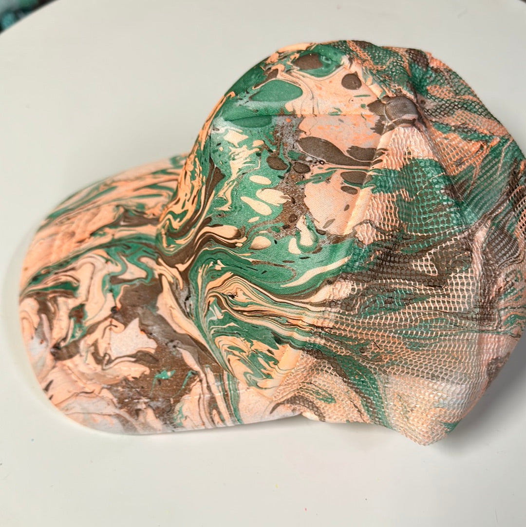 Water Marbled Truckers Hat! Green, Orange & Brown