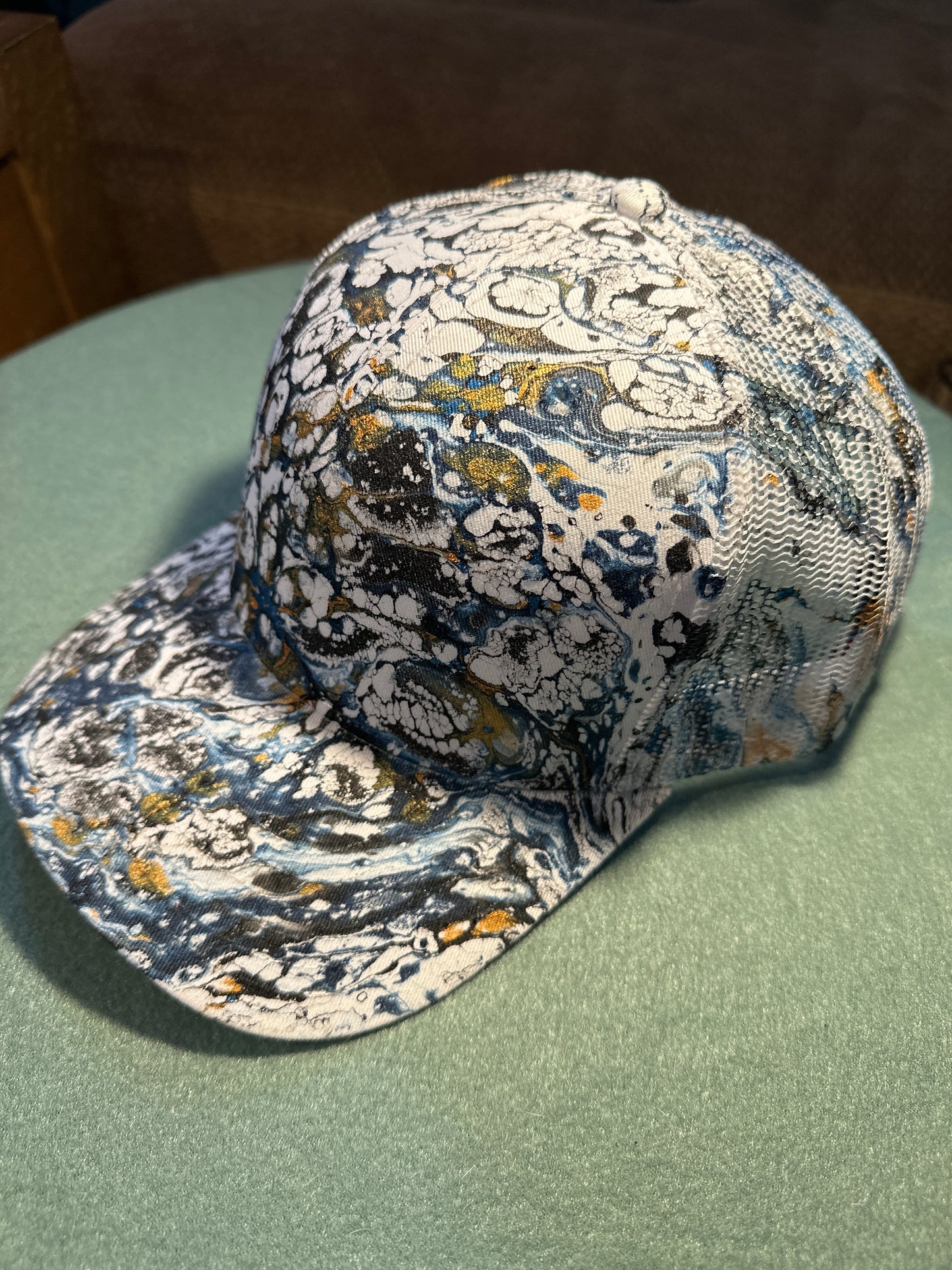 Water Marbled Truckers Hat! Navy, Gold & Black!