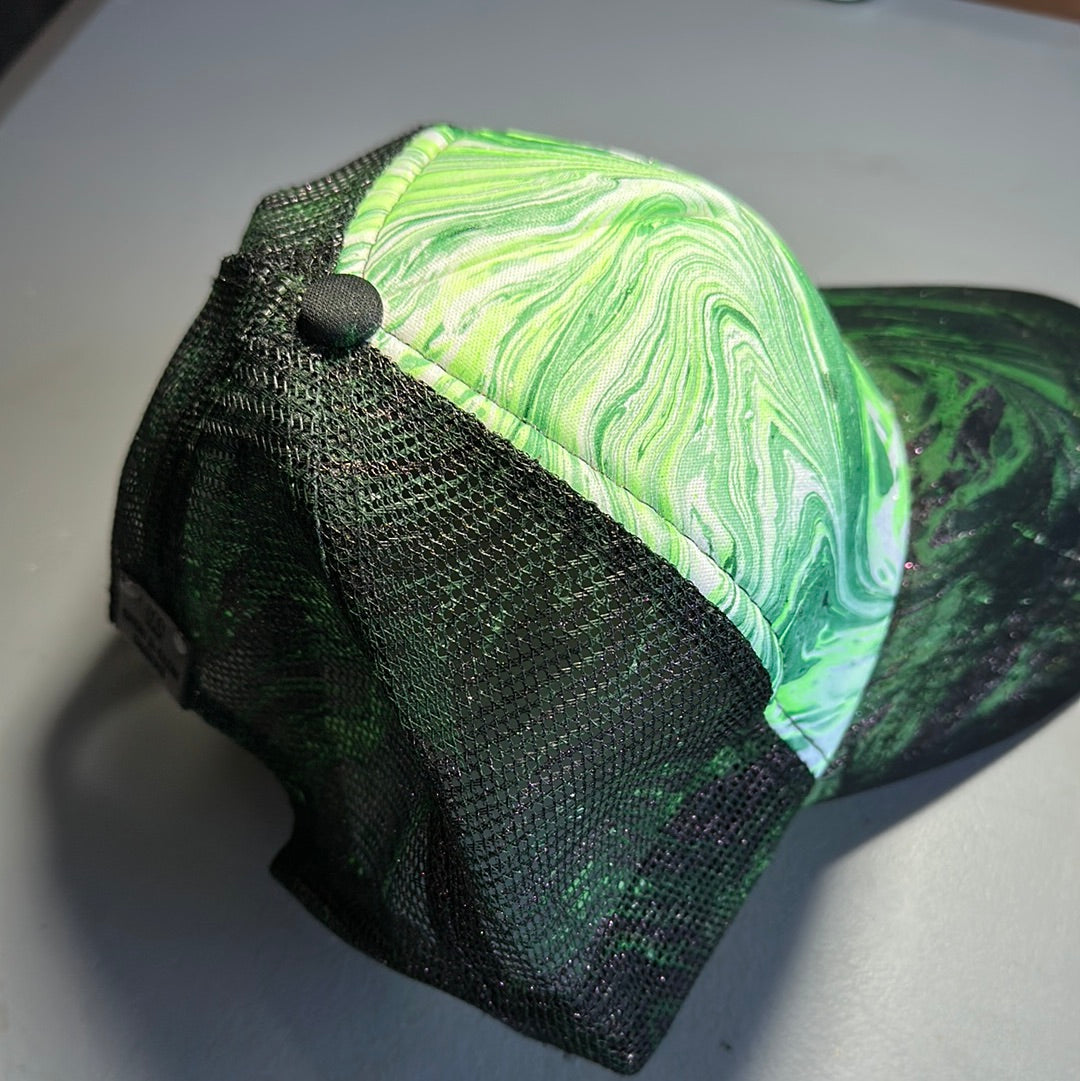 Water Marbled Truckers Hat! Greens & Iridescent Glitter!