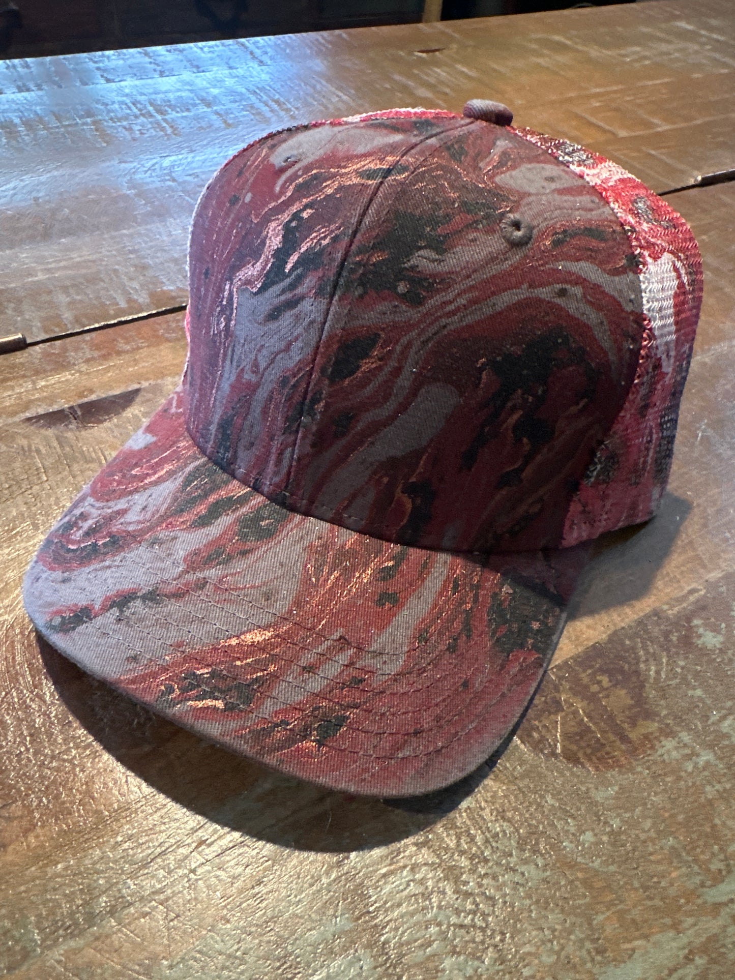 Water Marbled Truckers Hat! Red, Black & Gray