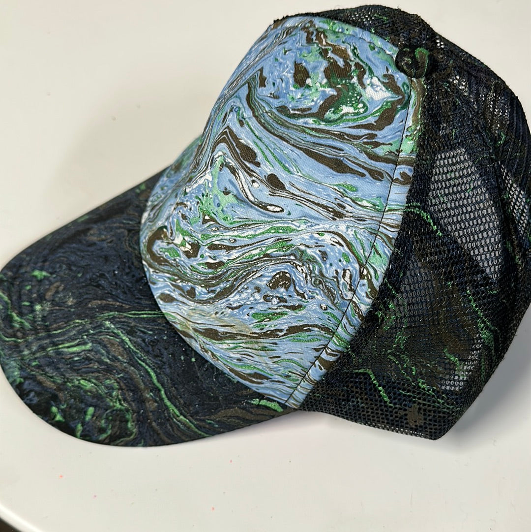 Water Marbled Truckers Hat! Blue, Brown & Green