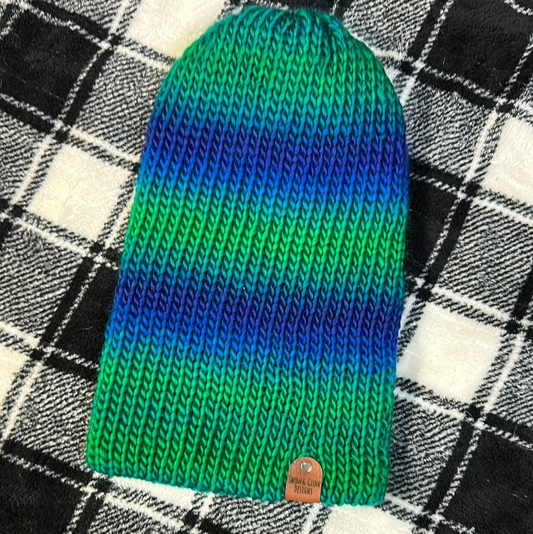 Handmade Beanie! Wool Blend! Blue & Green Ombre!